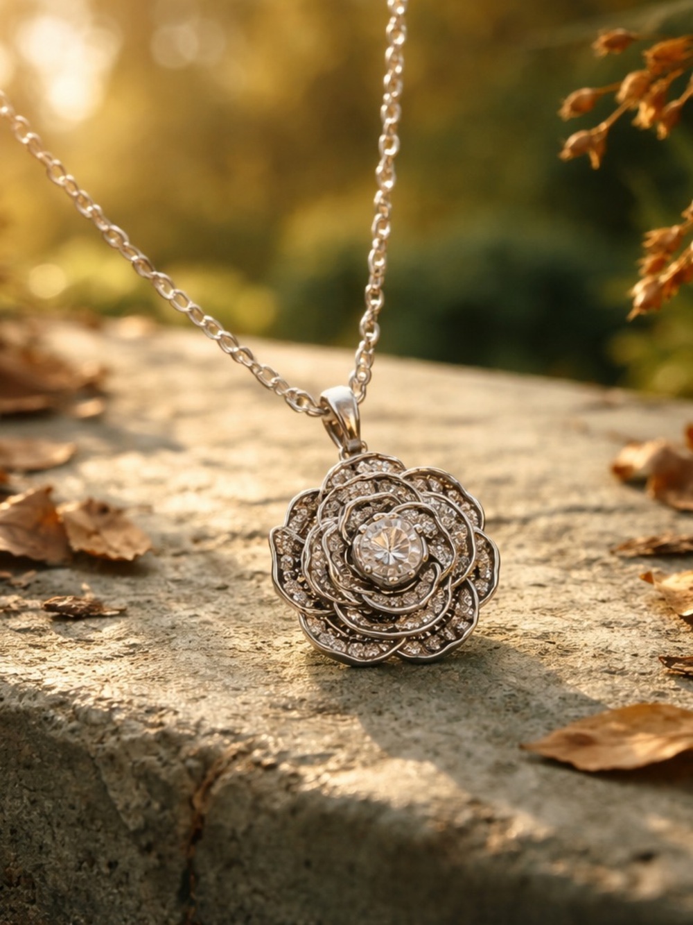 Rose Flower Lab Diamond Pendant Singapore 16” Chain NEW! - Picture 5 of 12